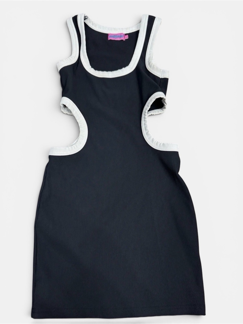 Edikted Black Ribbed Cutout Mini Dress White Trim Sleeveless Bodycon XS